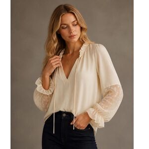 Textured Bohemian V-Neck Blouse Sheer Sleeves Ruffles Polka Dots